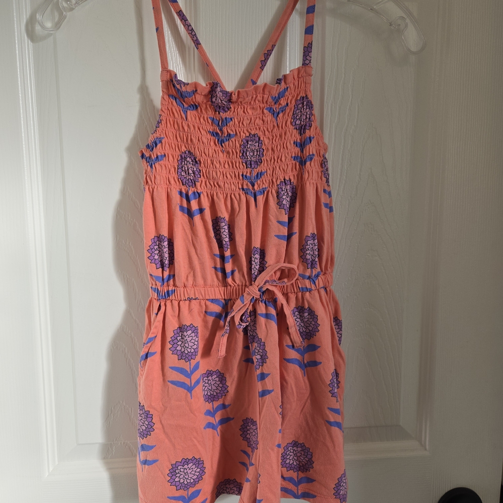 Tea Collection Smocked Strappy Romper- Peach With Purple Flowers, Has Pockets